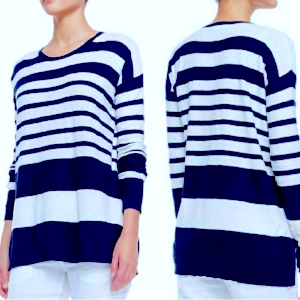 VINCE 100% Cotton Navy Blue & White Striped Lightweight Sweater Size L Coastal